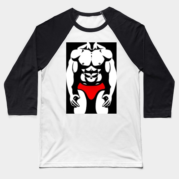 Muscle Man Physique Red Speedo Baseball T-Shirt by ArtFactoryAI